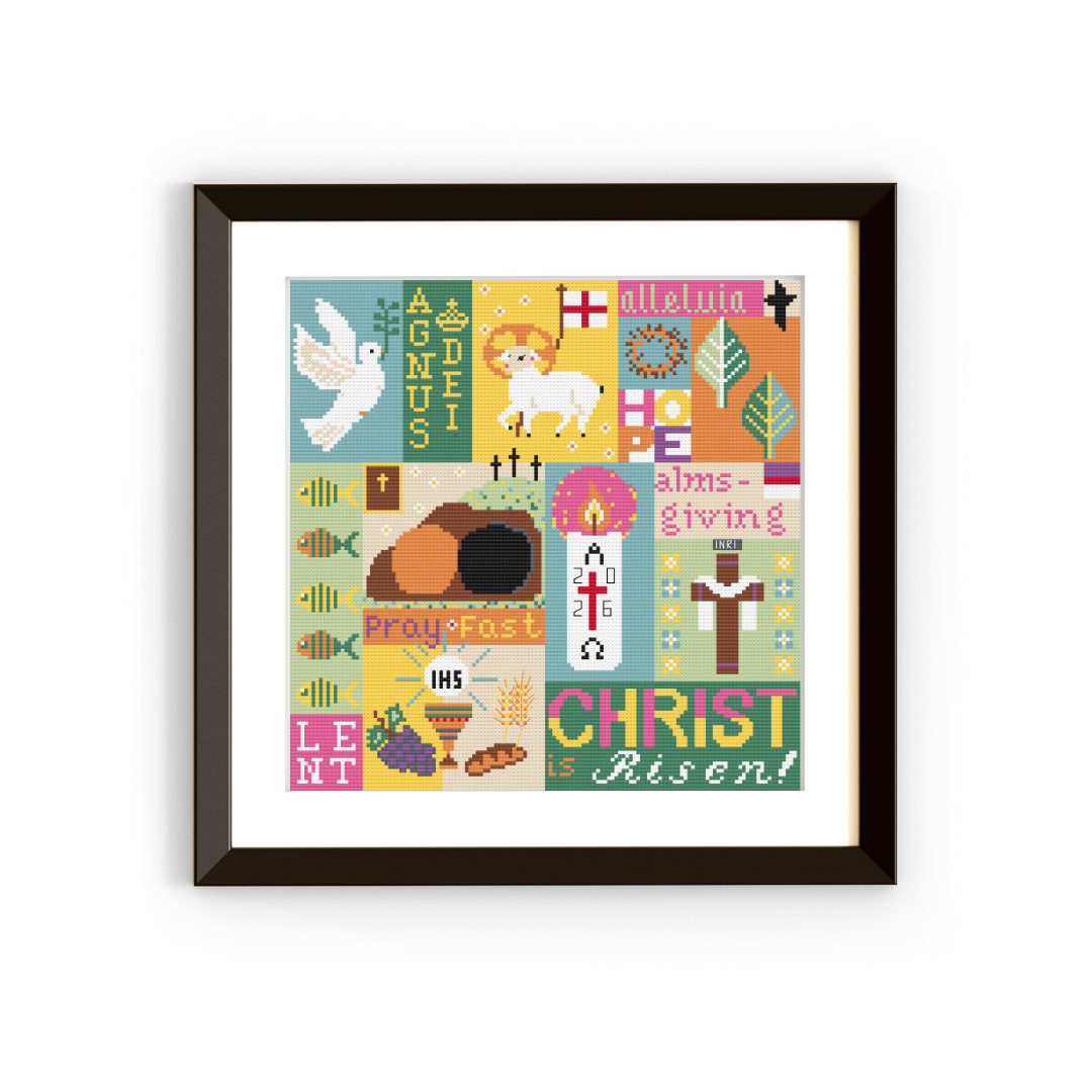 Catholic Easter Sampler in Black Frame Completed Catholic Easter Sampler Cross Stitch in a black frame against a crisp white background
