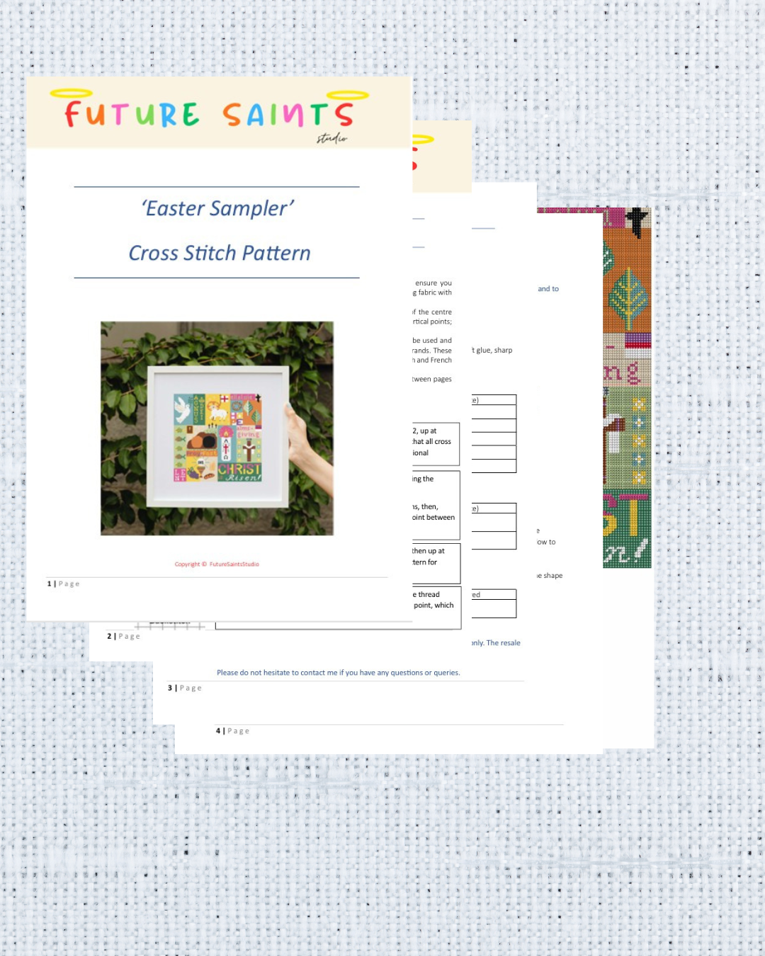 Catholic Easter Sampler Cross Stitch Pattern Preview of Catholic Easter sampler cross stitch pattern digital download with detailed chart, DMC colour guide, and printable instructions.