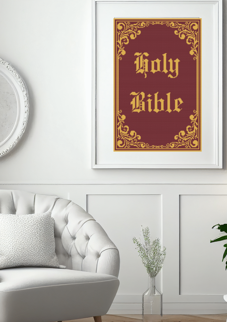 Framed Holy Bible Cross Stitch in Lounge Room